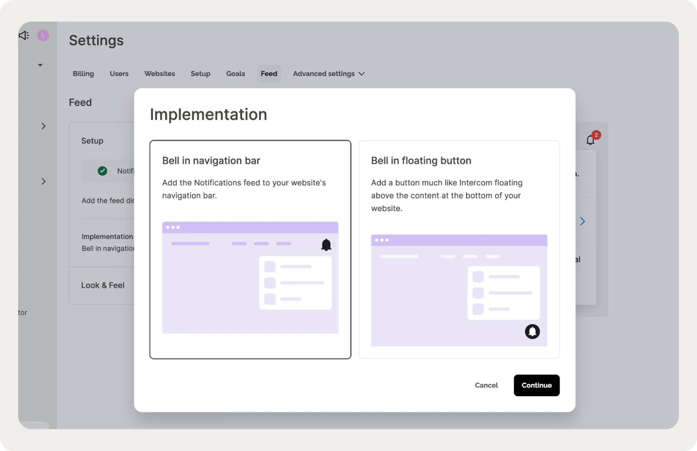 Settings page showing two implementation options: "Bell in navigation bar" and "Bell in floating button," each with illustrative diagrams.