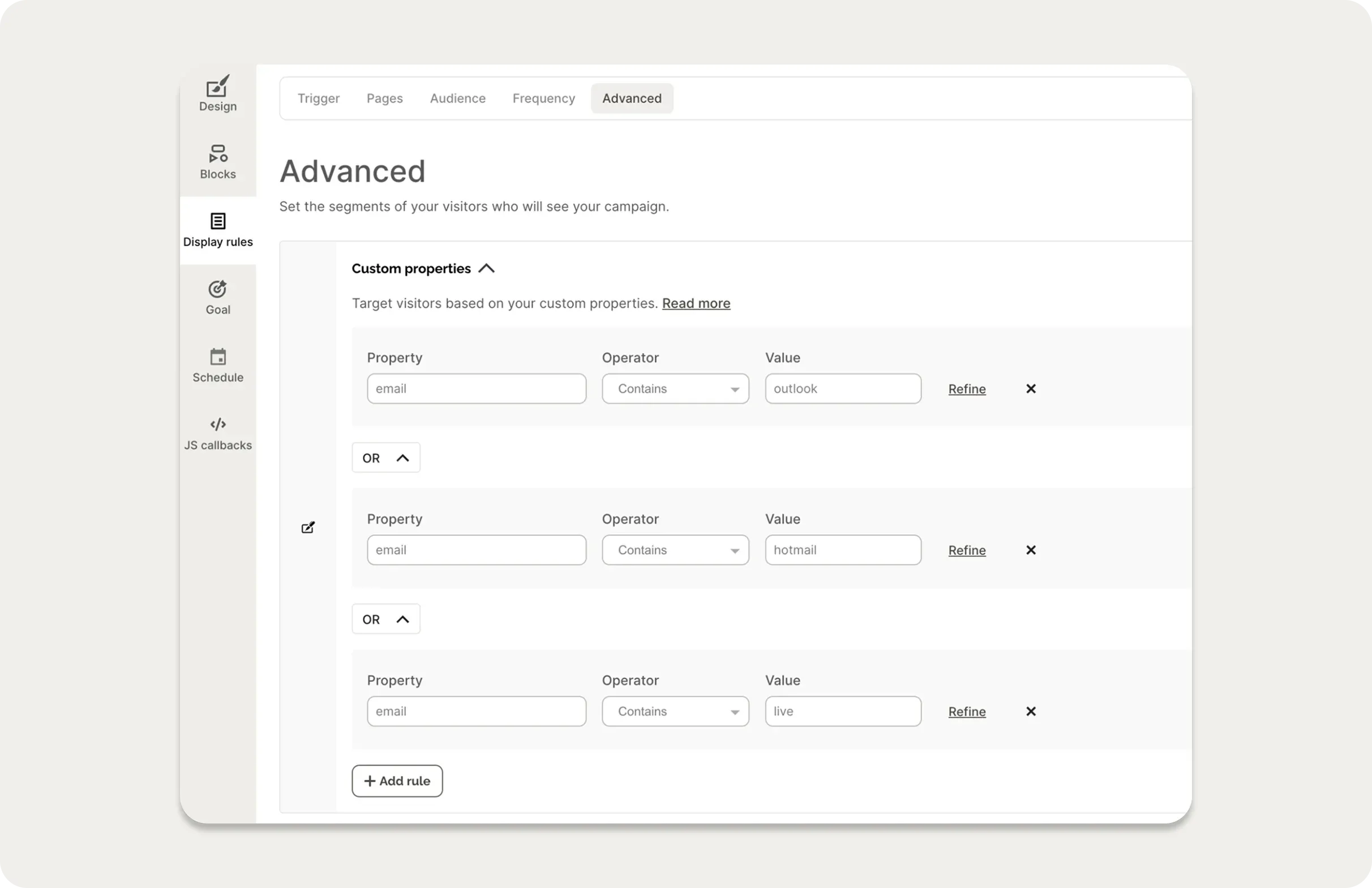 custom properties setting wisepops