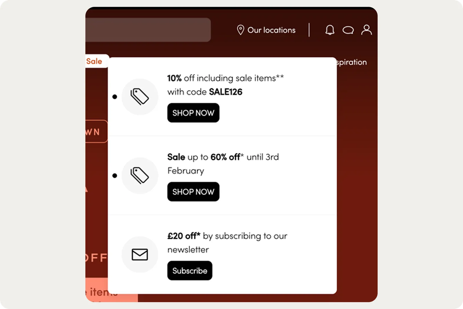 Tikamoon onsite feed showing discount codes and sale countdowns