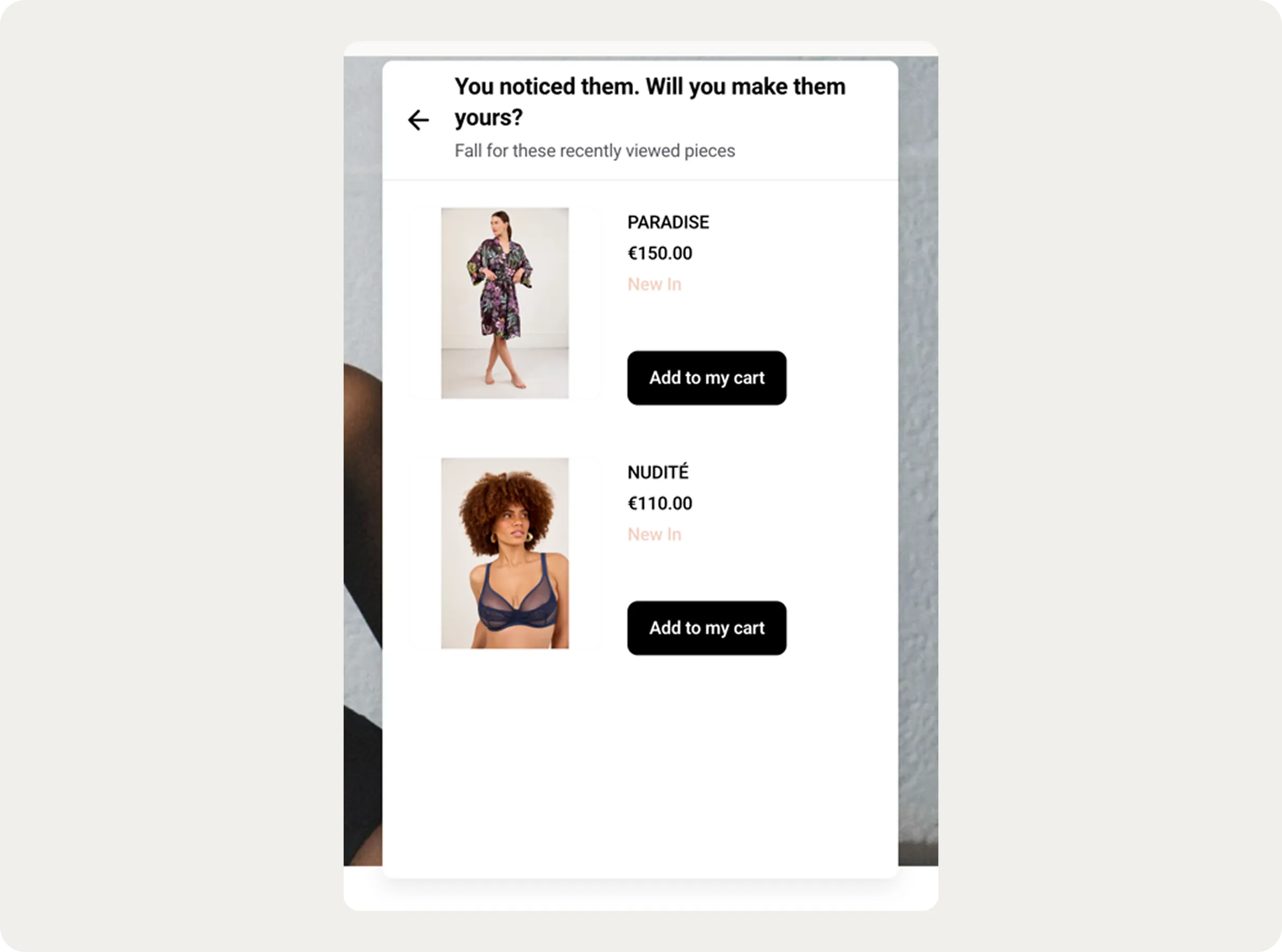 Opened Maison Lejaby feed with product recommendations