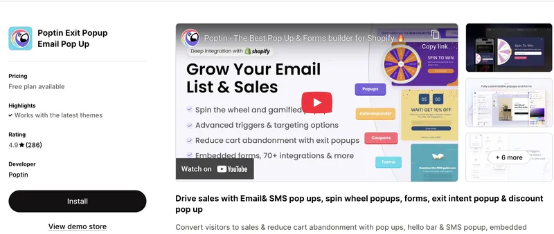 Poptin on the Shopify App Store