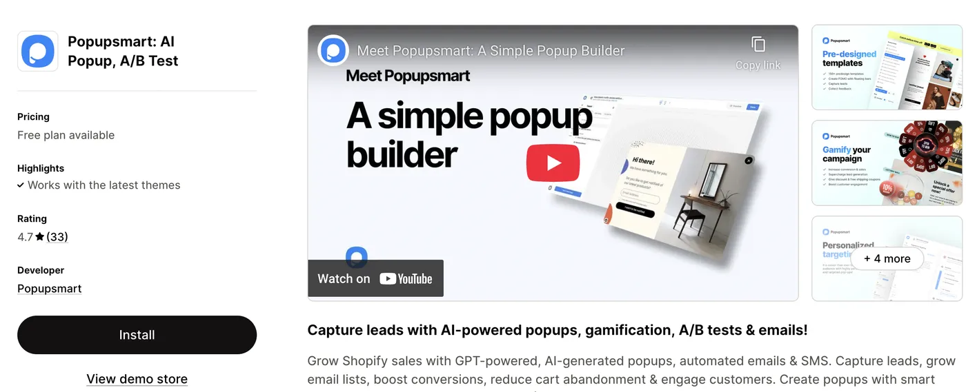 Popupsmart on the Shopify App Store