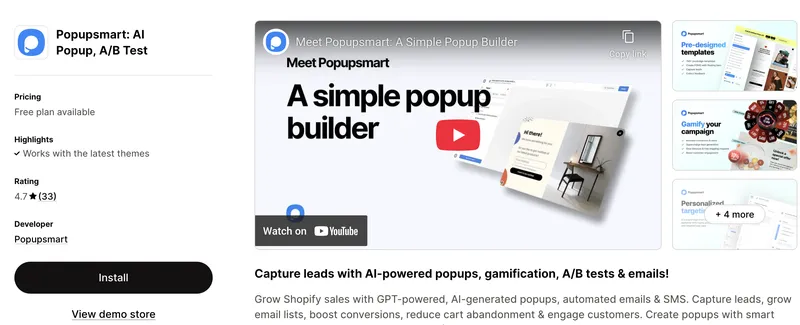 Popupsmart on the Shopify App Store