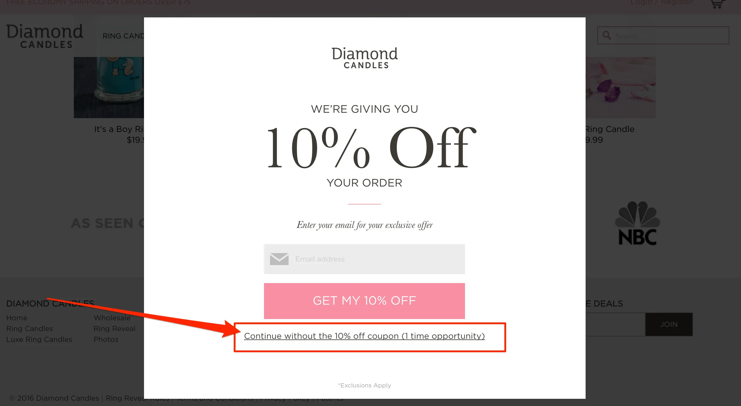 A popup on Diamand Candles's website