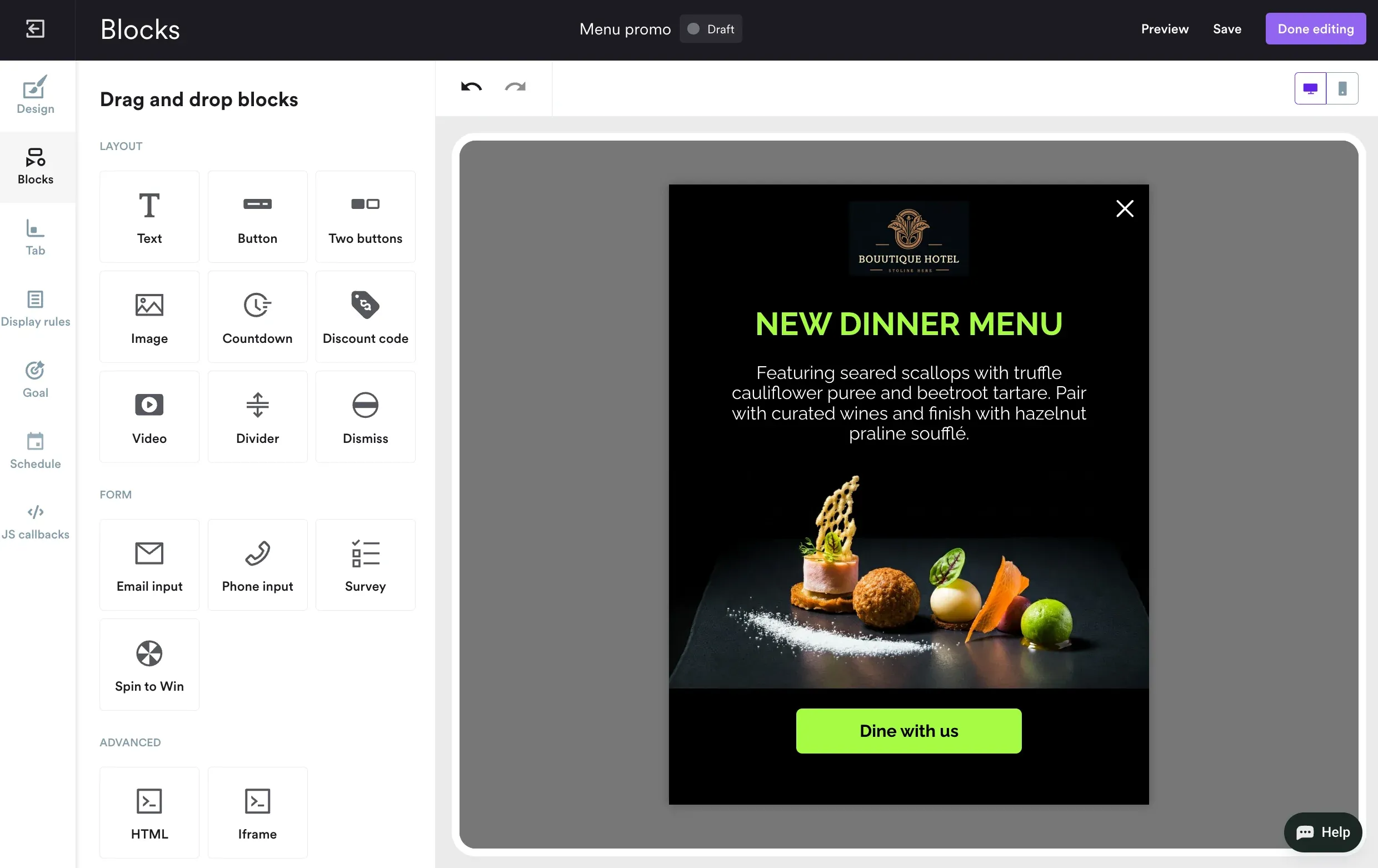 new dinner menu promotion campaign made in wisepops