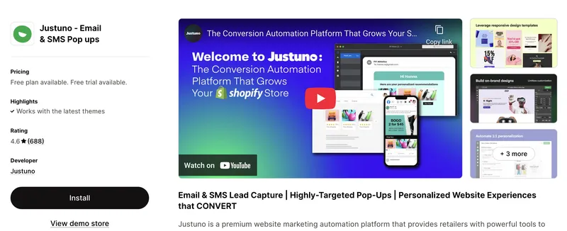 Justuno on the Shopify App Store