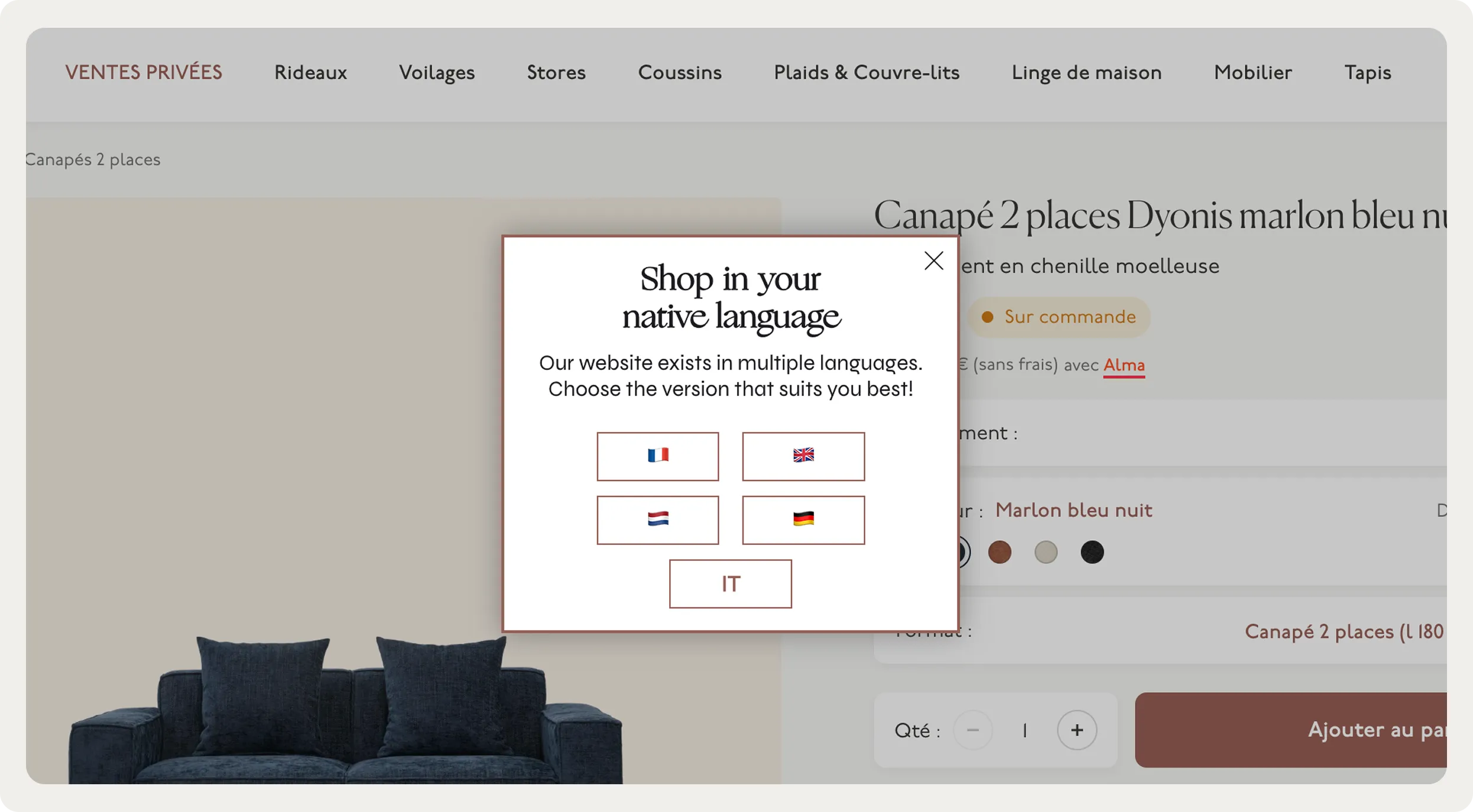 Pop-up on a furniture website prompting users to select their language, with flags representing different options.