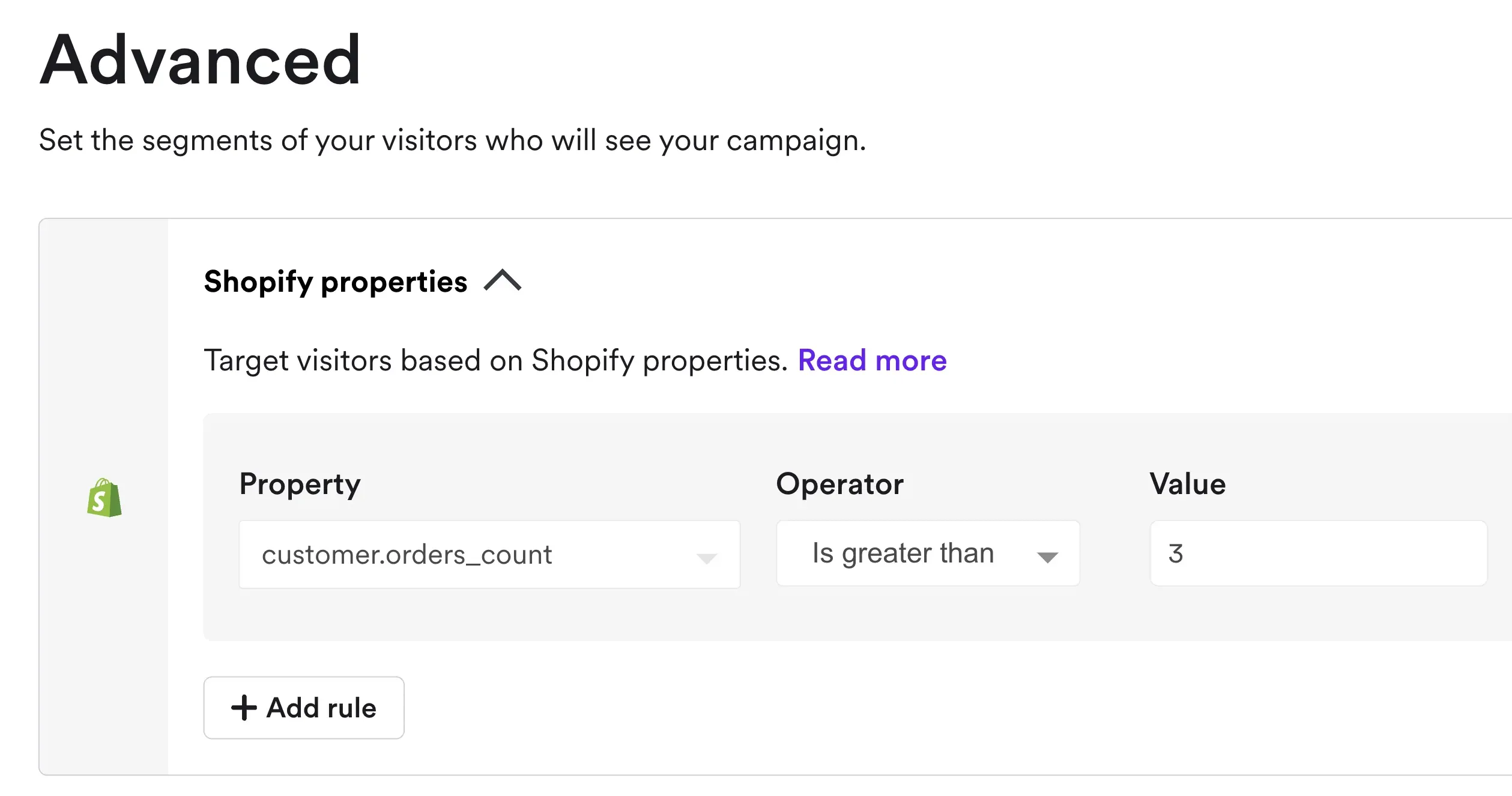 settings for an offer for returning visitors