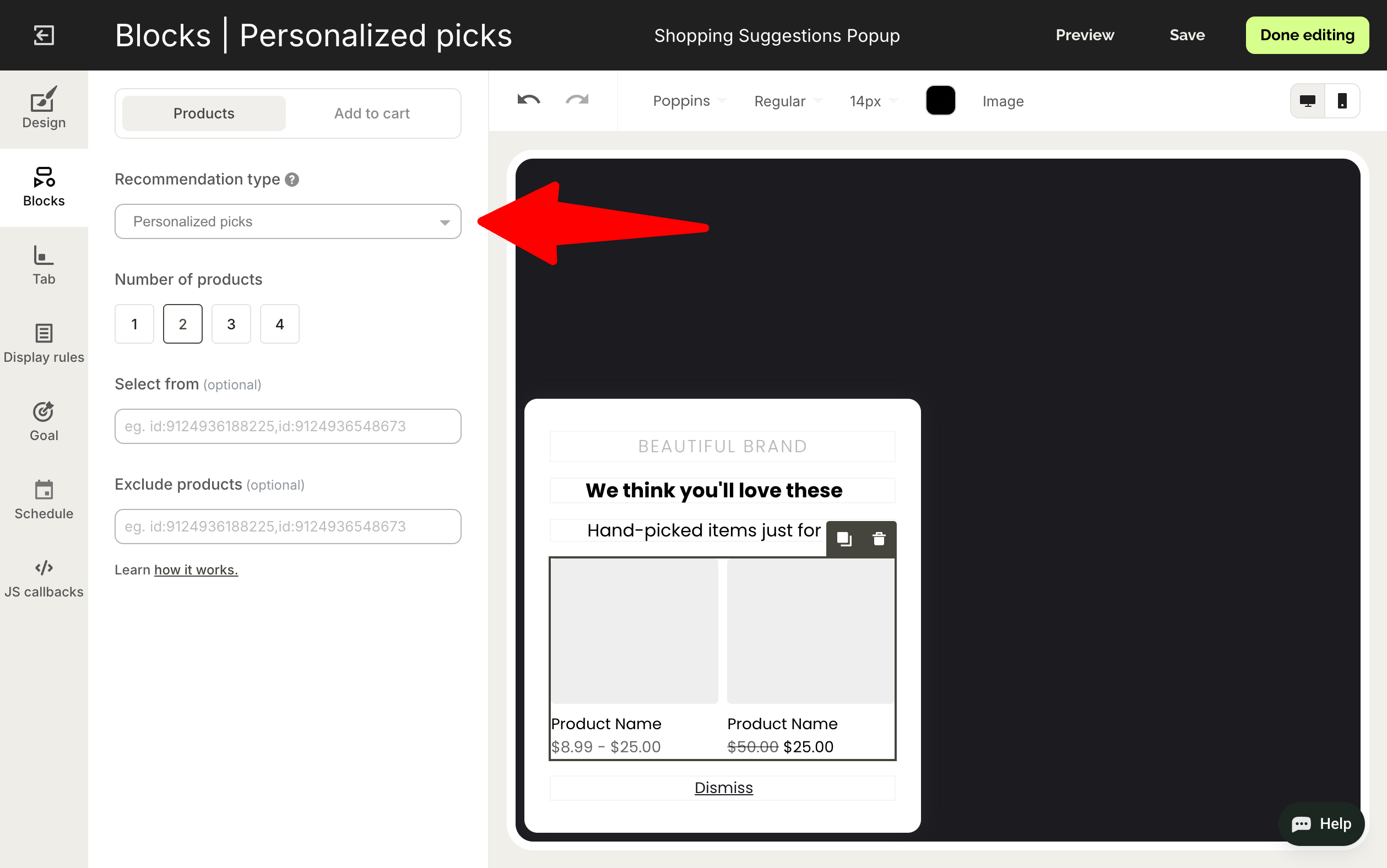 wisepops interface showing a "Personalized picks" section with product recommendations and settings for the number of products displayed.