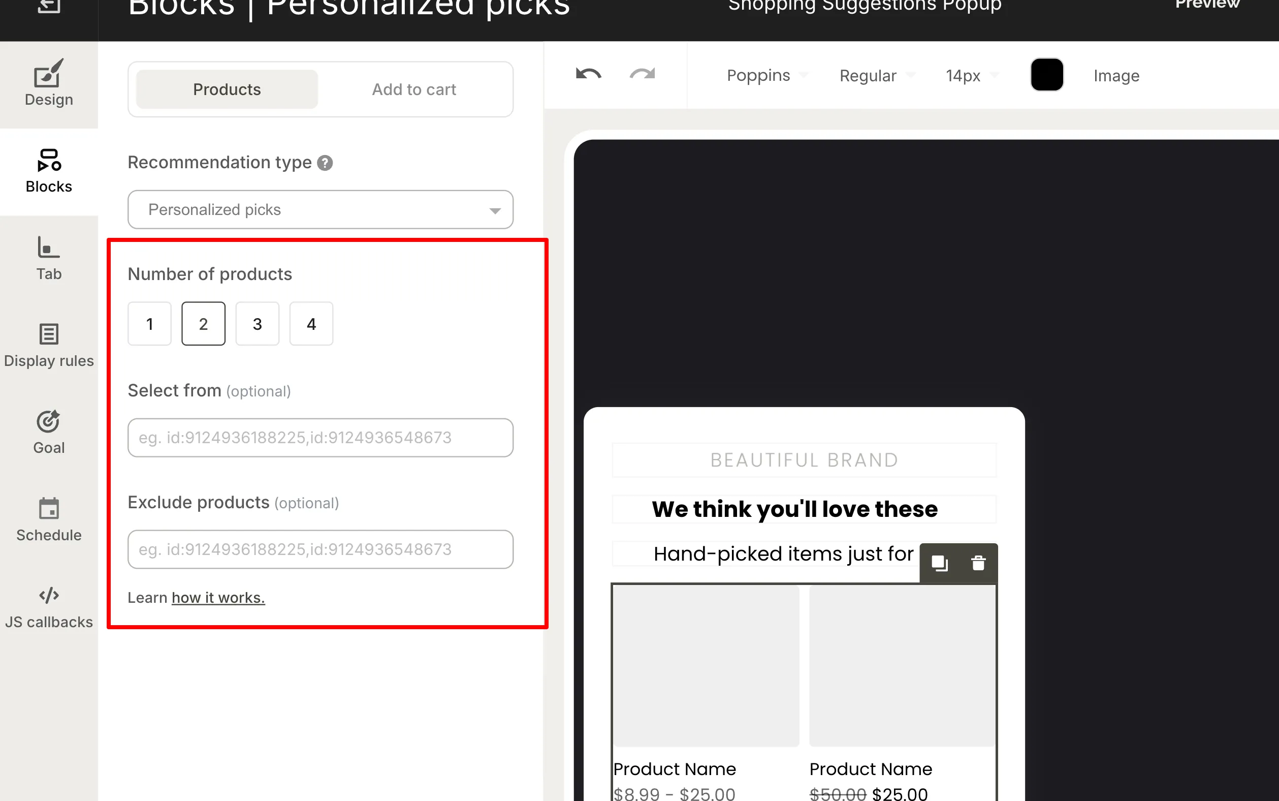 adjusting number of products in ai popup