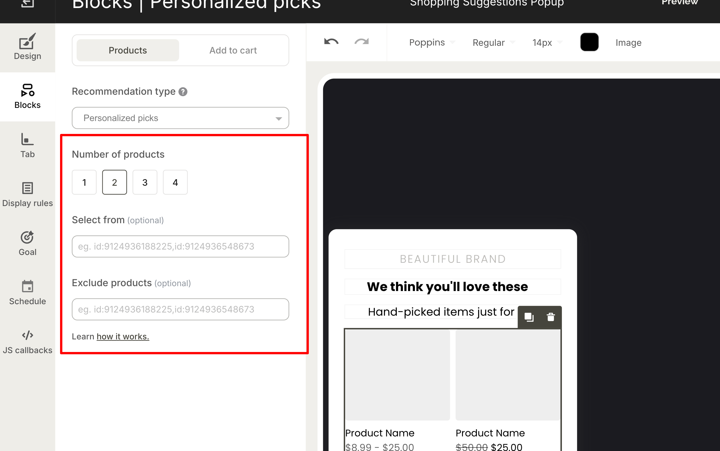 adjusting number of products in ai popup