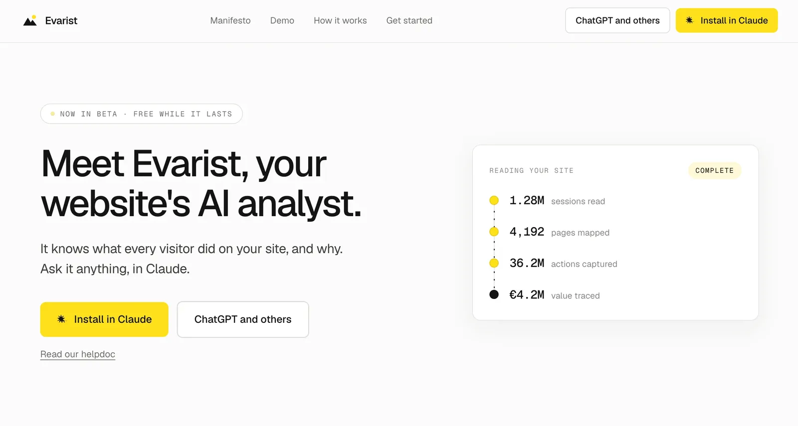 Evarist homepage showing sessions read, pages mapped, actions captured, and value traced
