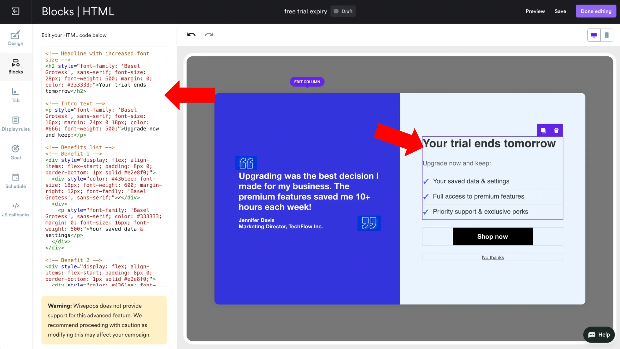 adding html code to customize text