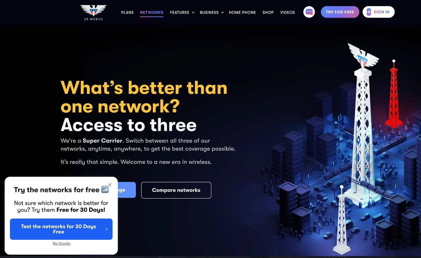US Mobile free trial popup on the Networks page