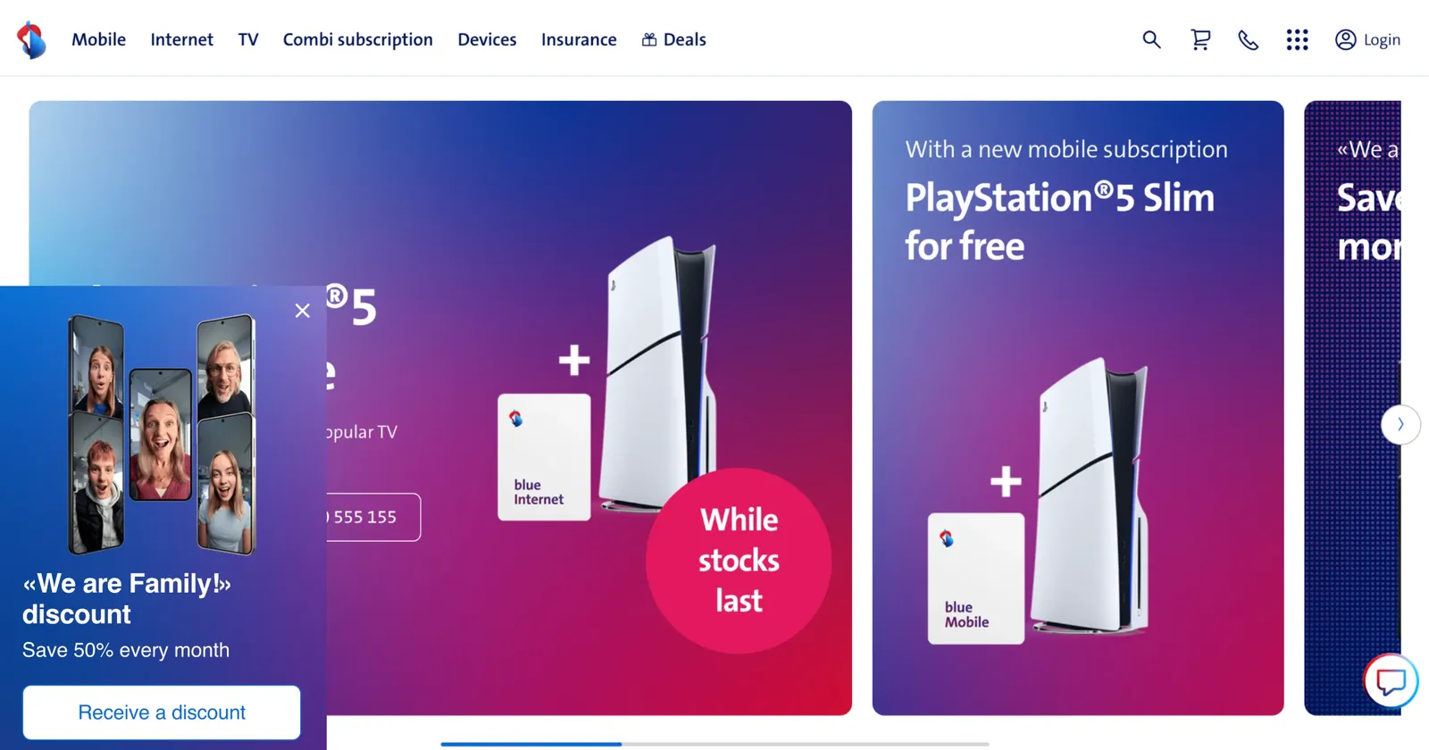 Swisscom household discount campaign in the lower corner of the site