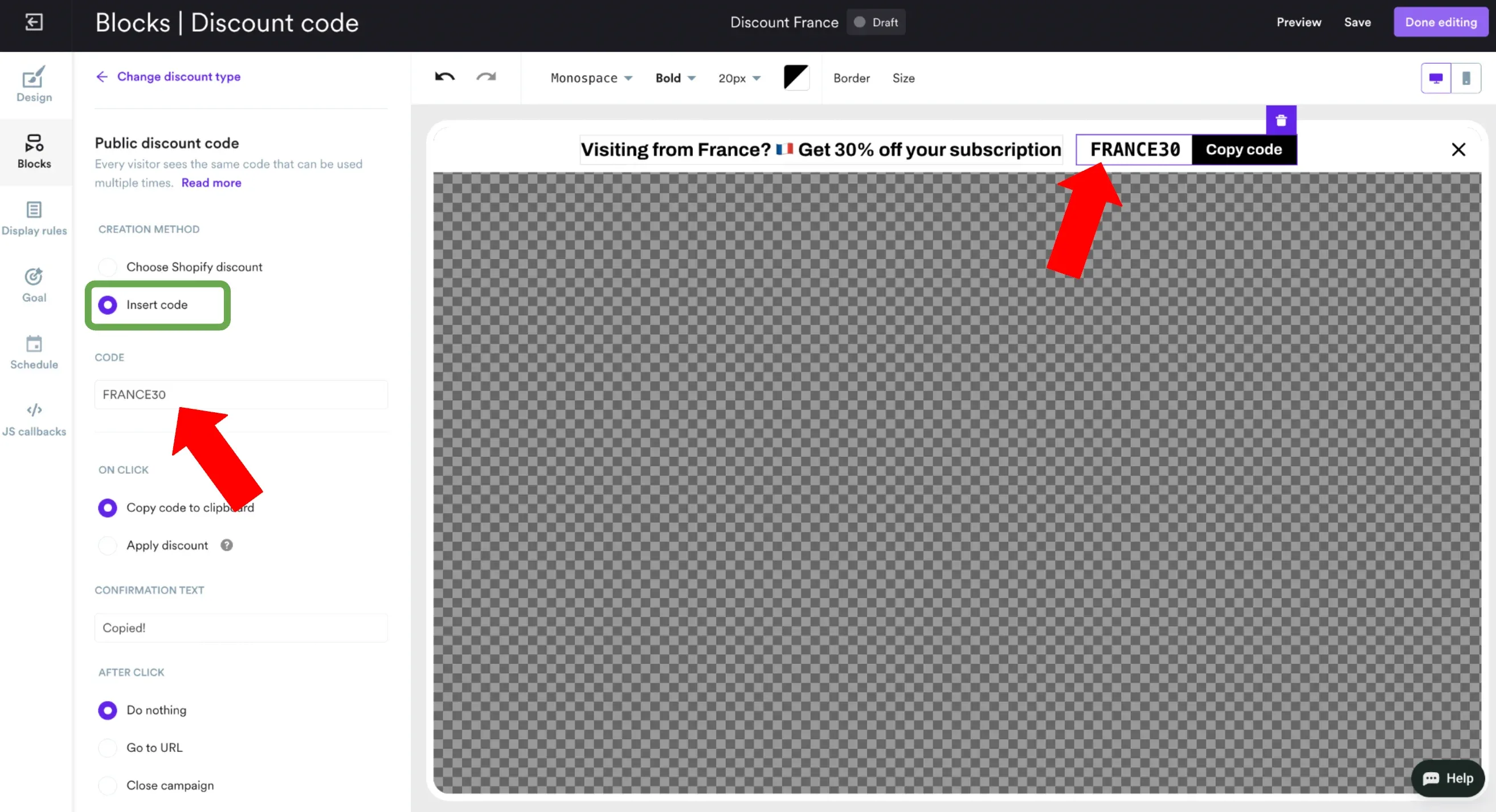 adding discount code to bar