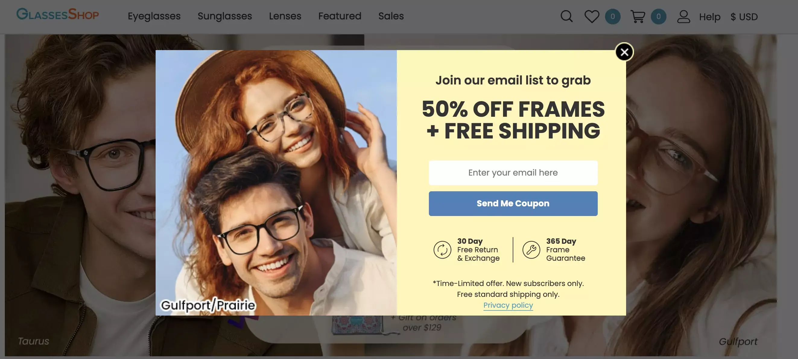 free shipping discount email popup glasses shop