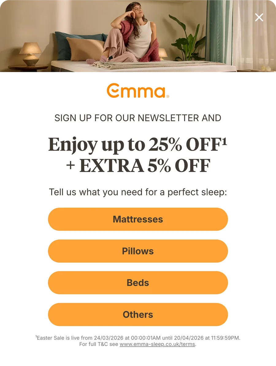 Emma popup asking what the visitor needs for a perfect sleep: mattresses, pillows, beds or others
