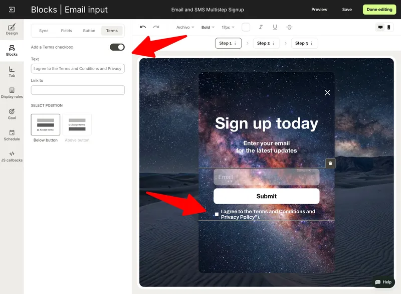 Adding a terms and conditions checkbox with a privacy policy link to an email field in the Wisepops editor