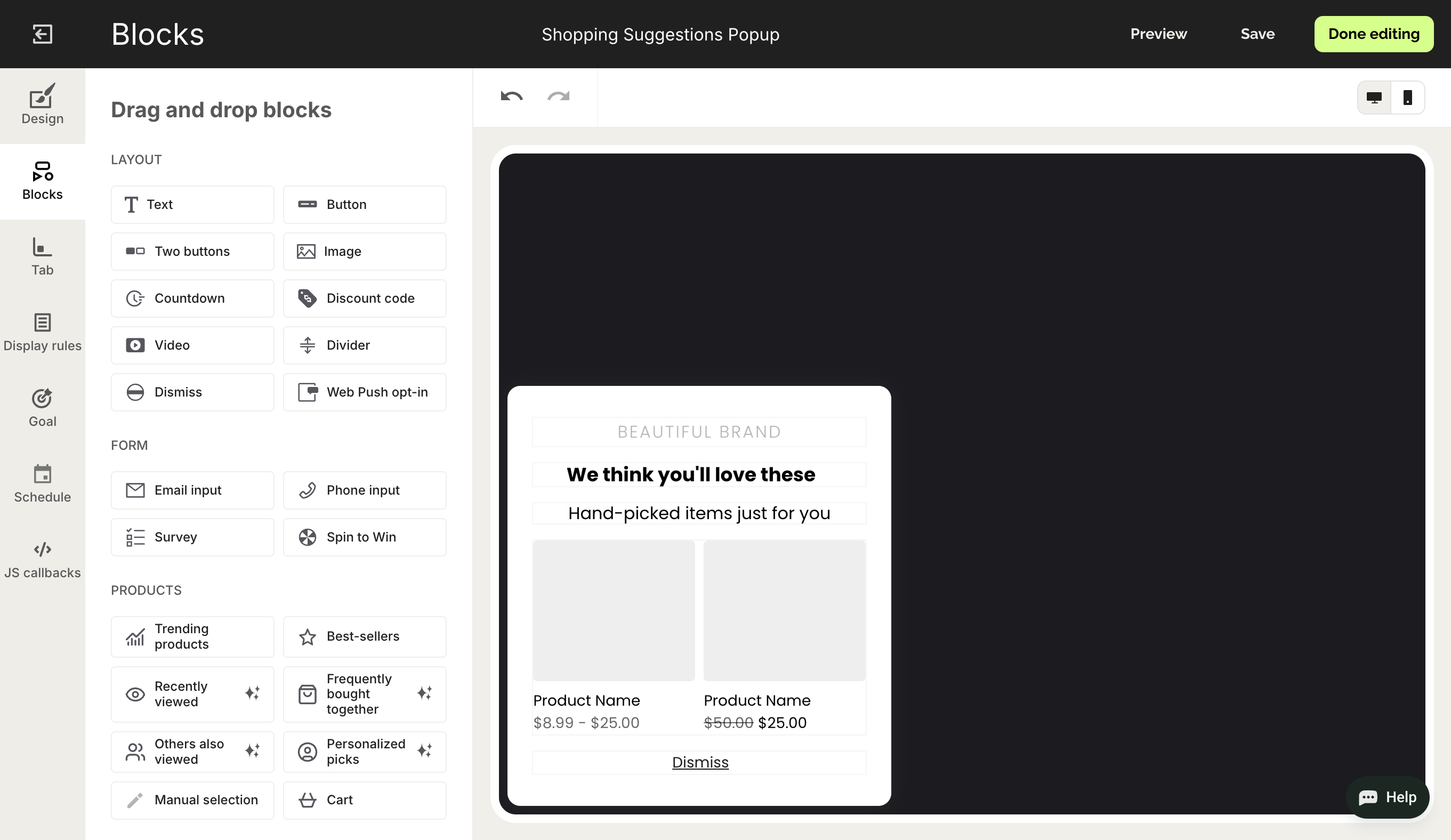 interface showing a shopping suggestions popup with customizable blocks and product recommendations.