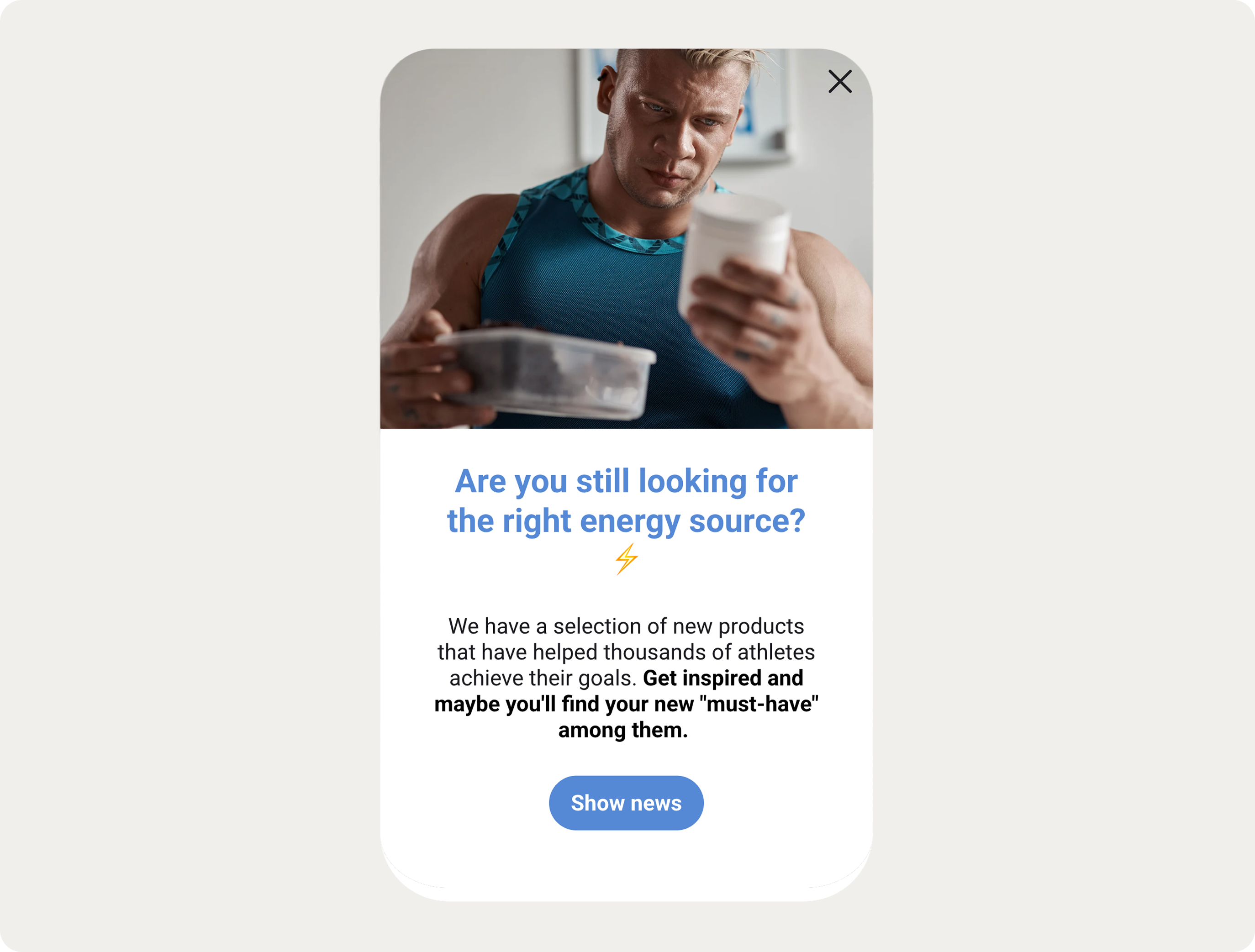 popup showing a Man in a teal tank top reads a food container label. Text offers energy products for athletes and motivation to explore new options.