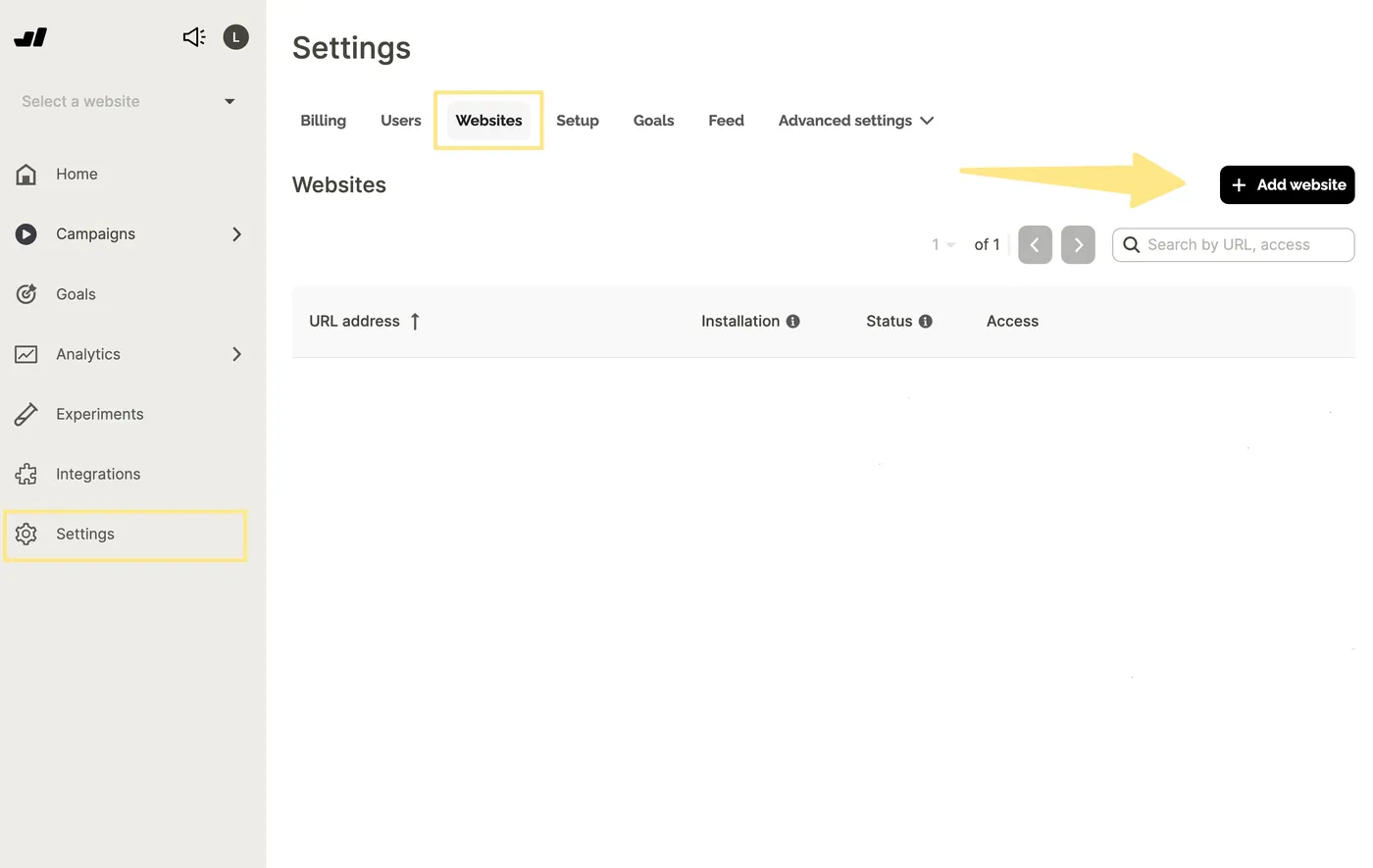 Adding a website in Wisepops settings