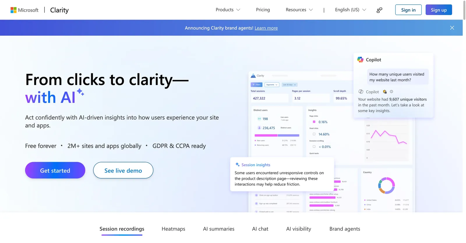 Microsoft Clarity homepage showing free heatmaps and session recordings