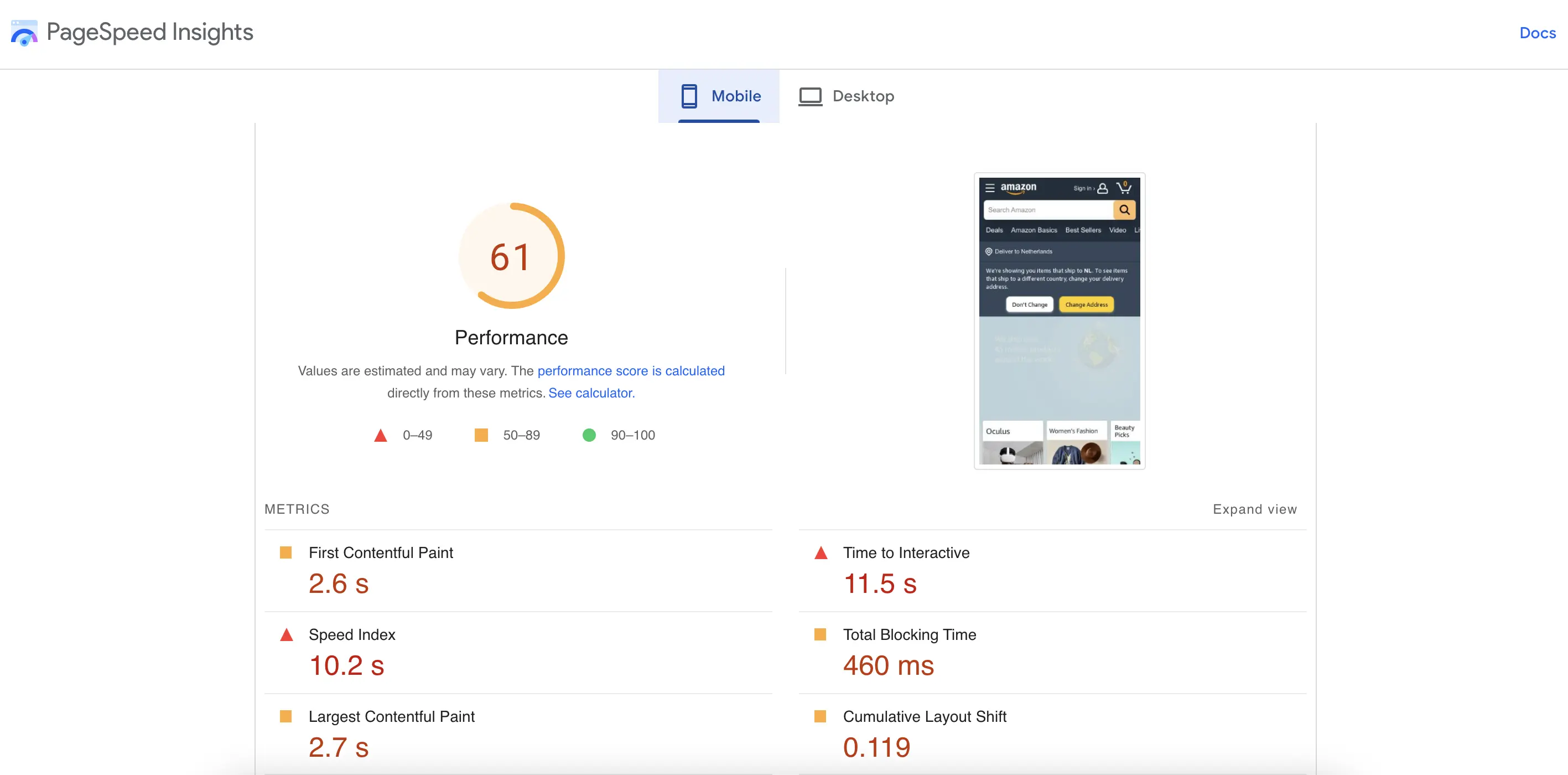 page speed insights amazon