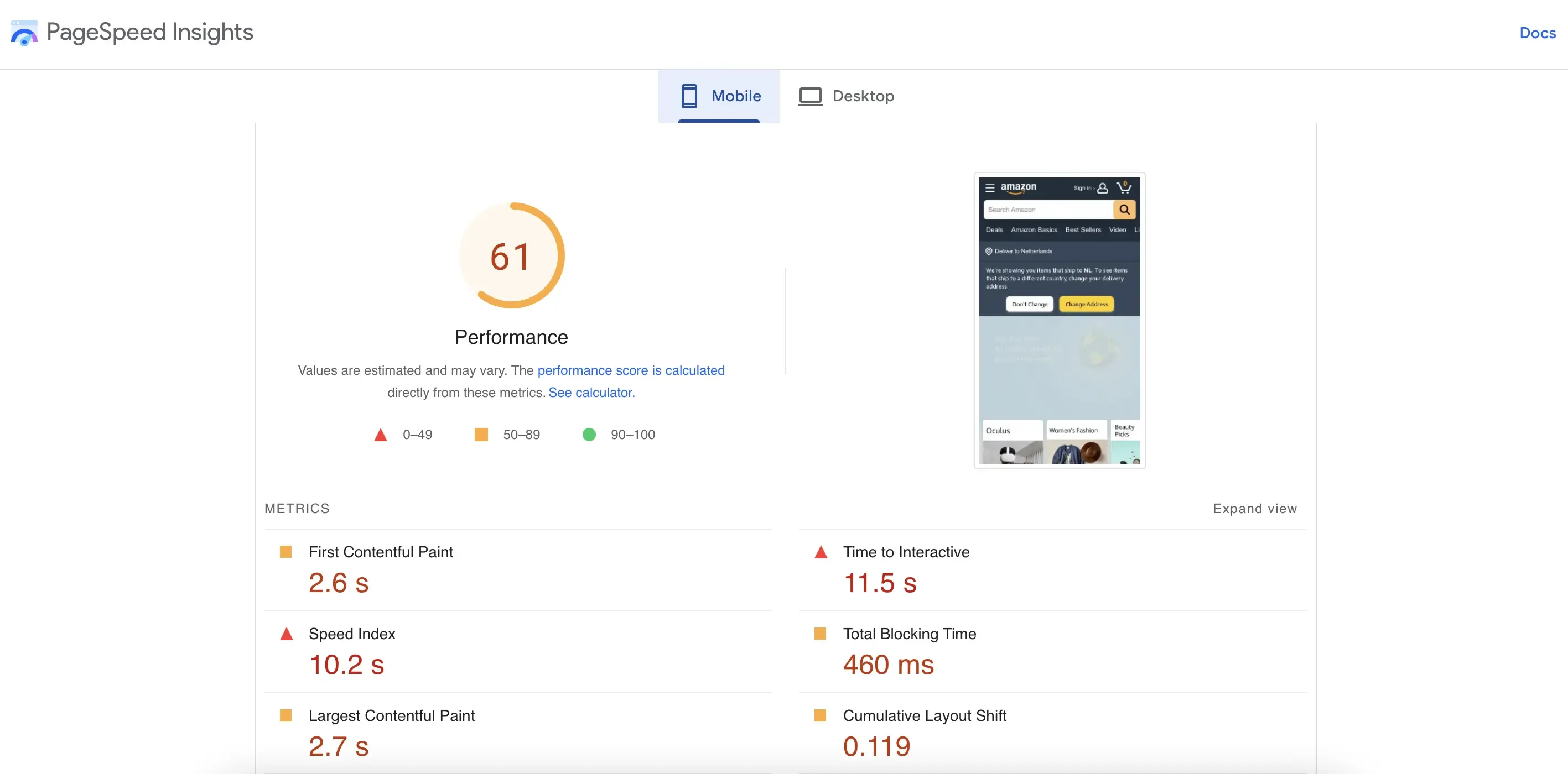 page speed insights amazon
