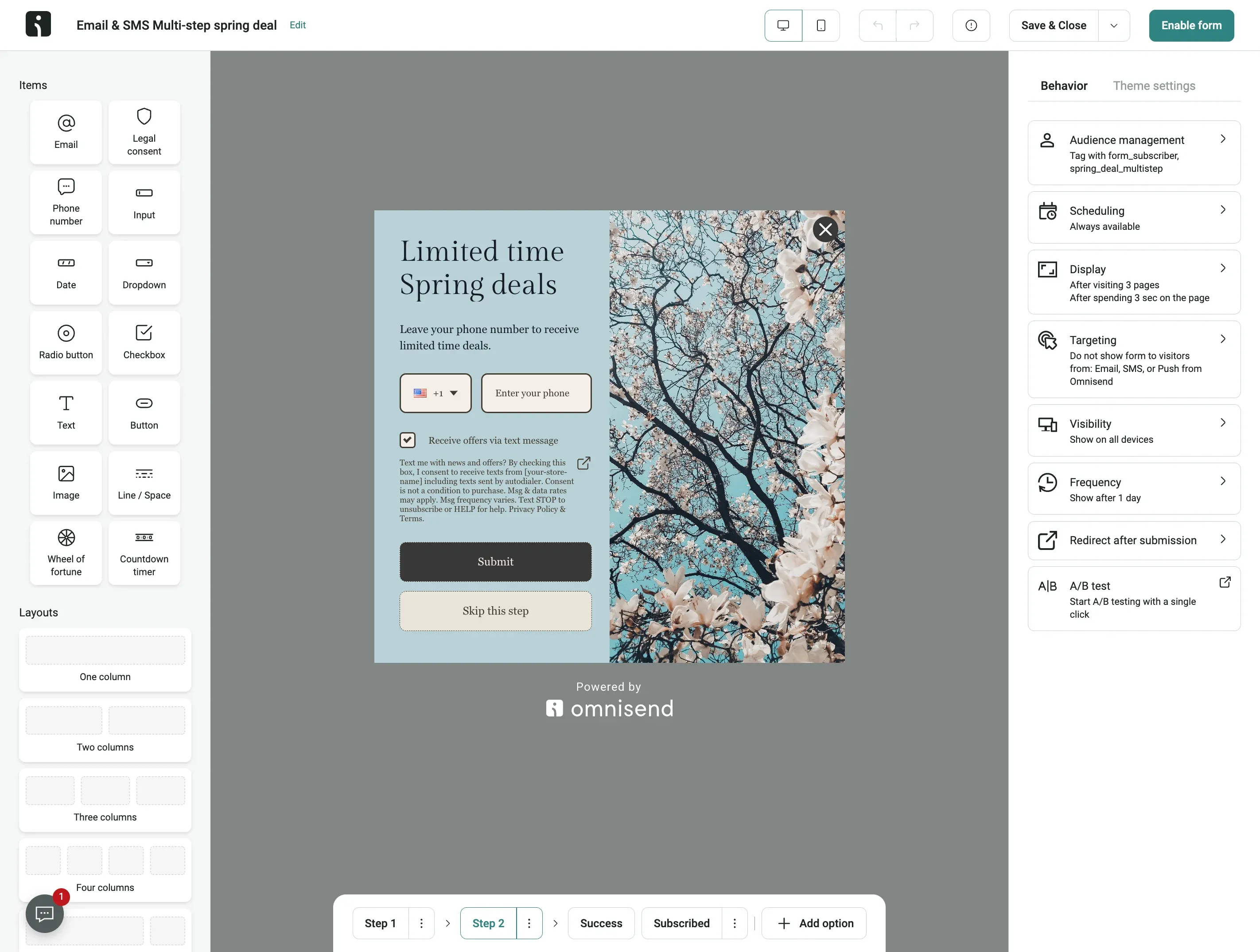 Omnisend traditional drag-and-drop form editor