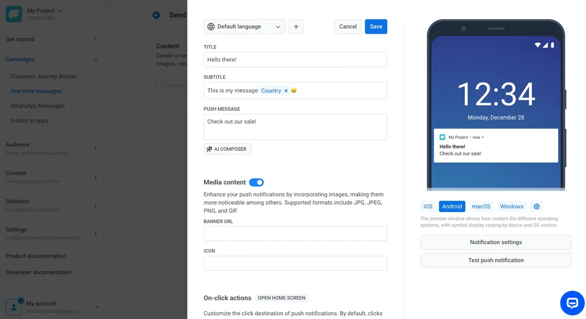 creating a mobile push in PushWoosh