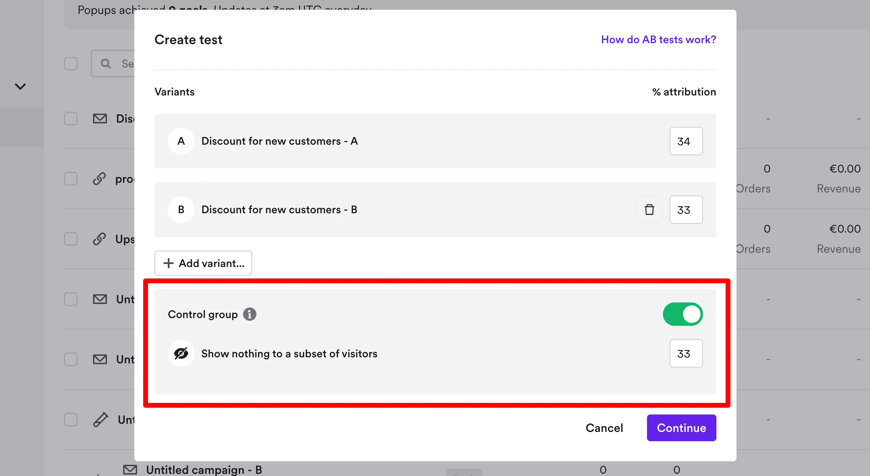 adding control group to ab test shopify