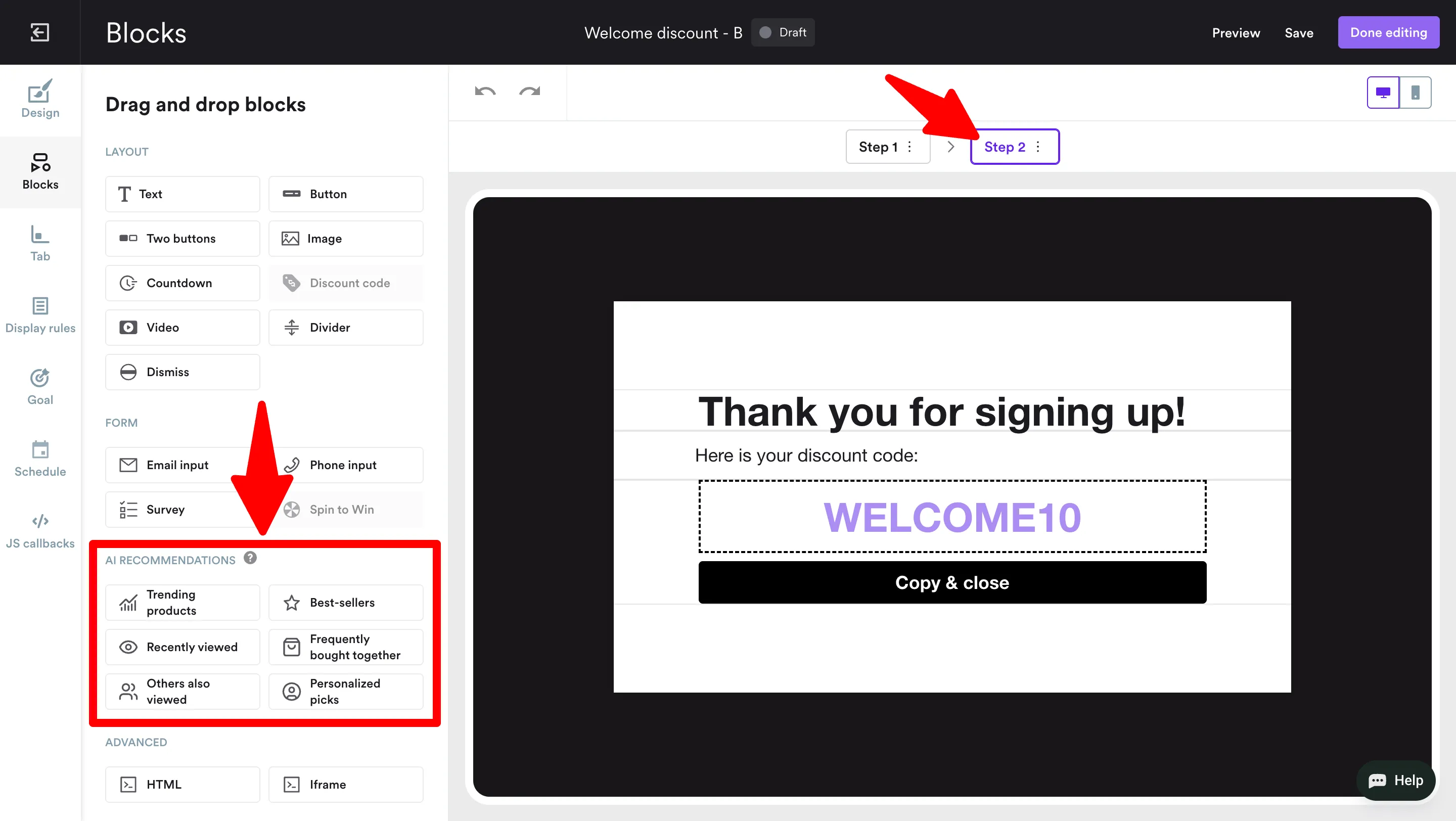 adding product recommendations to the second variant