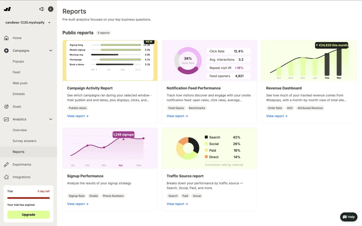 Wisepops reports and analytics dashboard