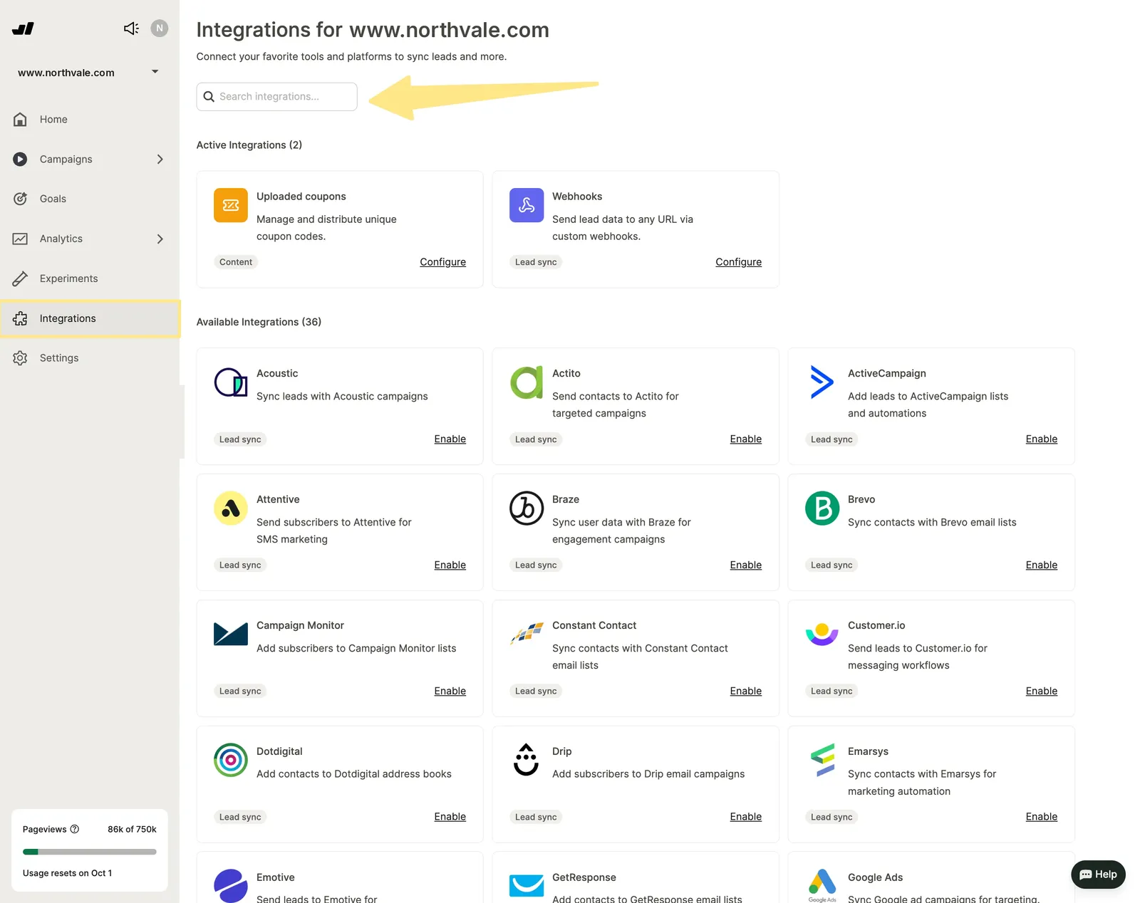 The Wisepops integrations screen, with active and available connections