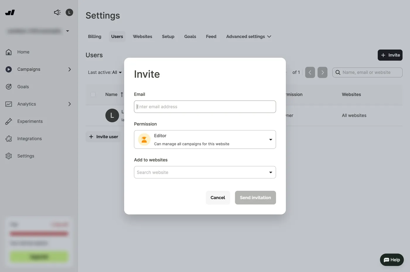 The Users tab in Wisepops settings, showing per-user website access