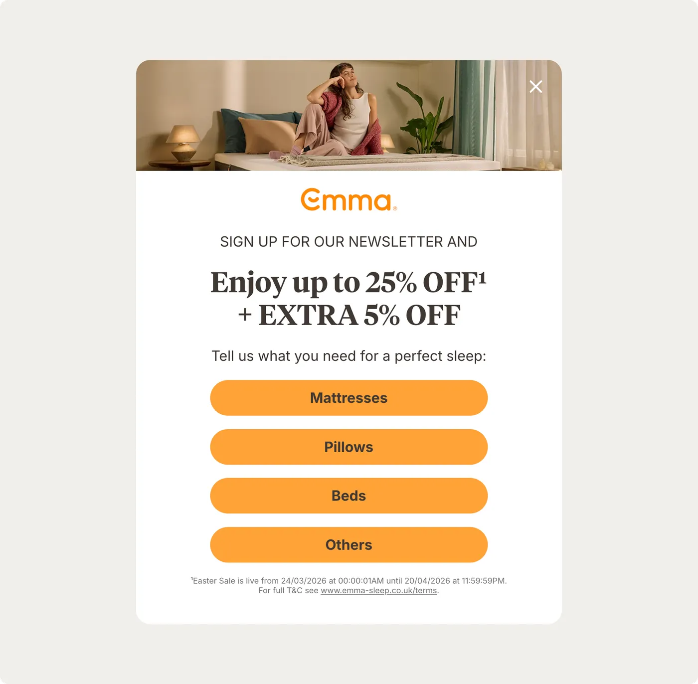 Emma Sleep interactive lead capture popup with a preference step