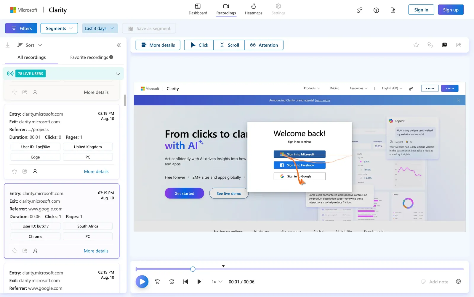 Exploring click and scroll heatmaps inside the Microsoft Clarity live demo