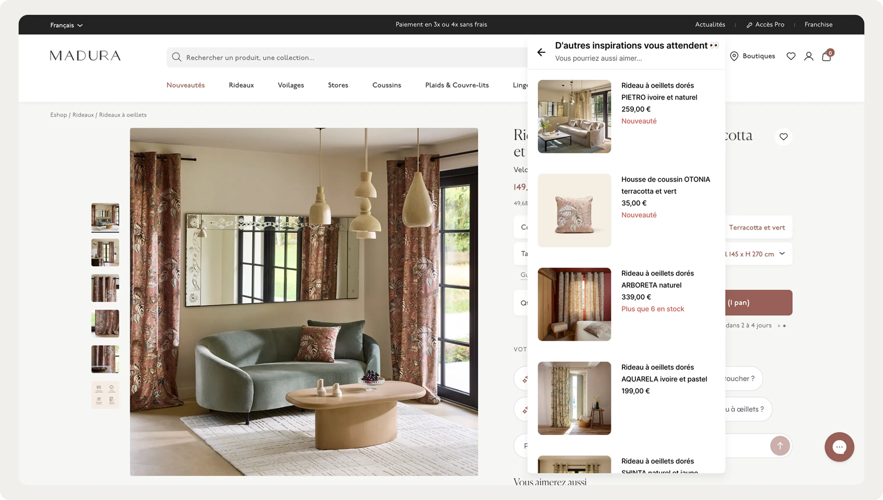Online store page featuring floral curtains, a green sofa, matching cushion, and wooden coffee table in an elegant living room setting.
