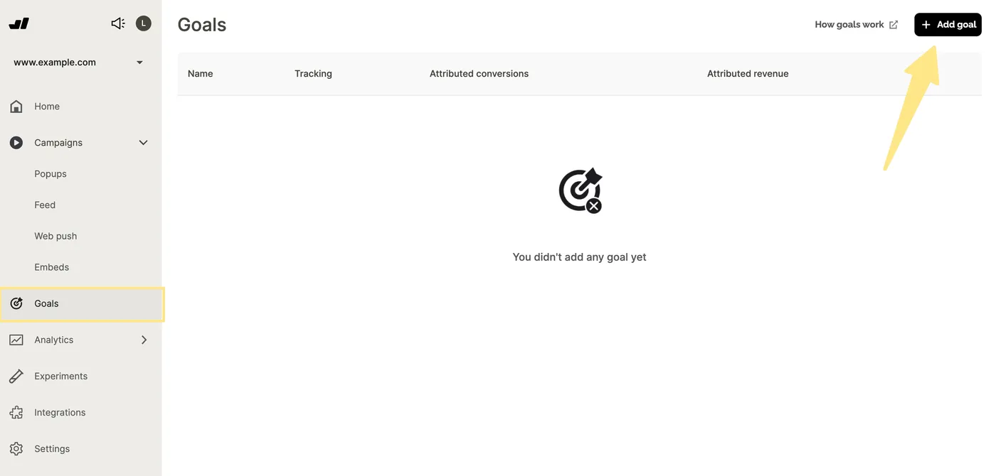 The Goals page in Wisepops, listing configured goals