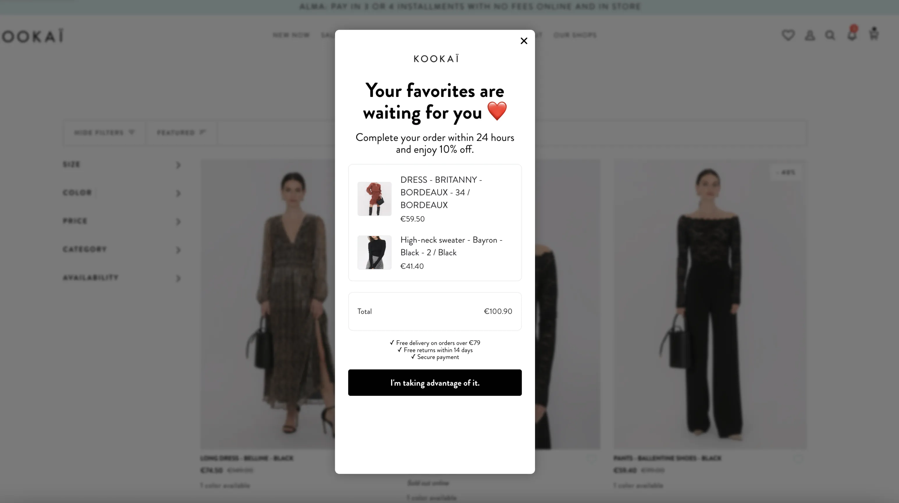 Kookai AI cart recovery popup showing cart contents and 10% discount offer