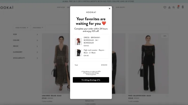 Wisepops AI cart recovery campaign