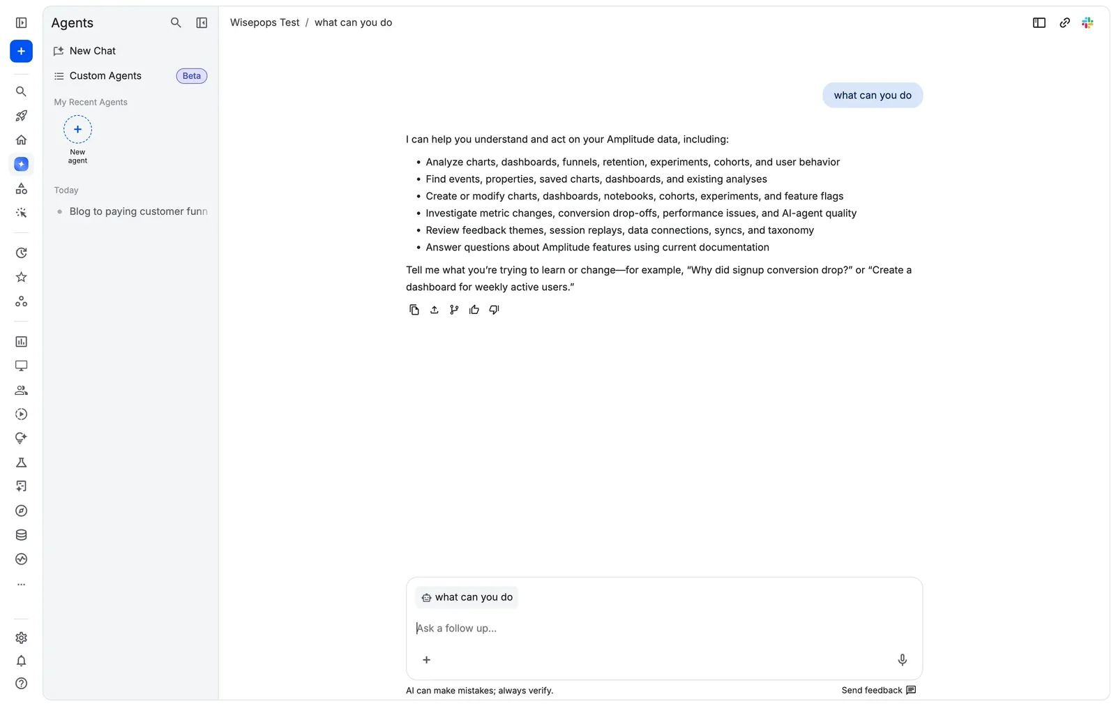 Asking Amplitude AI what analyses it can run on the current event model