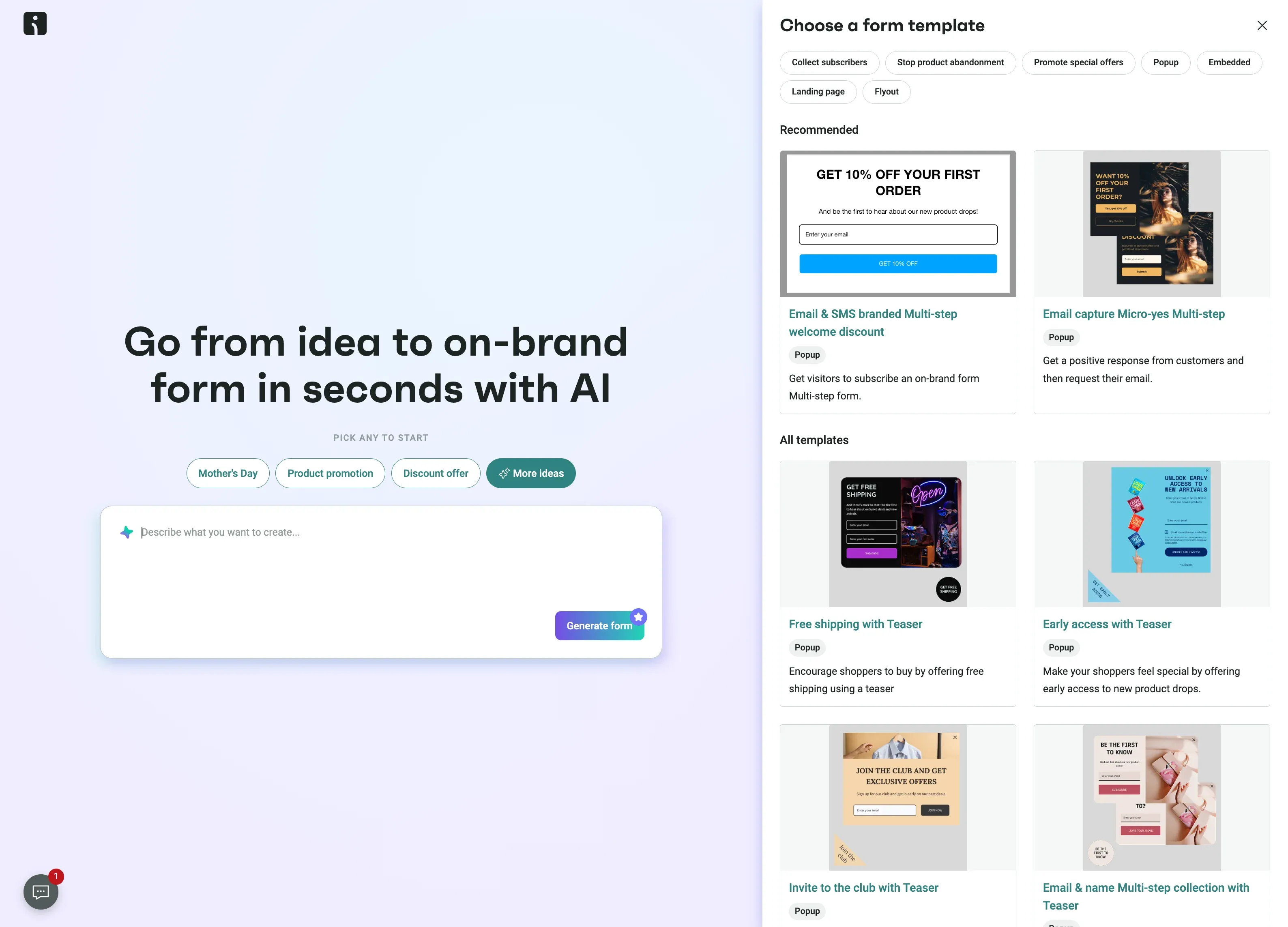 Omnisend AI form builder chatbot interface