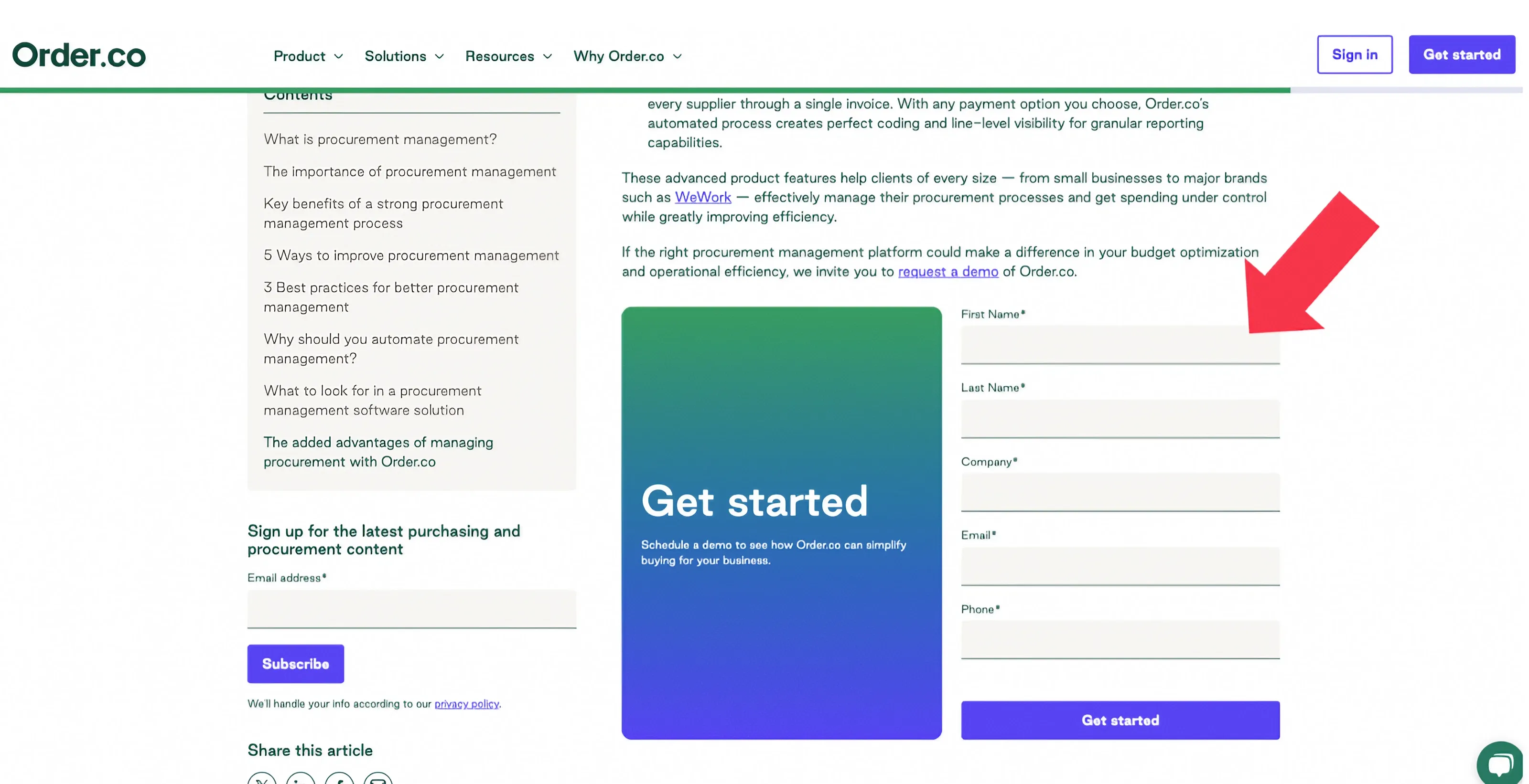 demo form on a saas blog