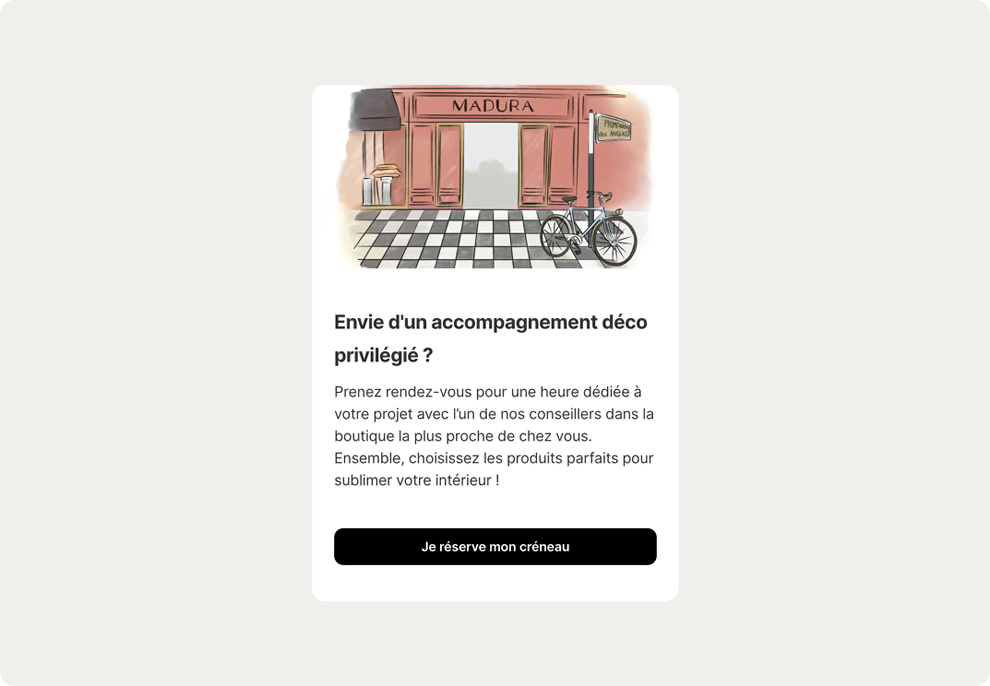 Illustration of a onsite feed notification with text offering personalized interior design consultations. A bicycle is parked outside.