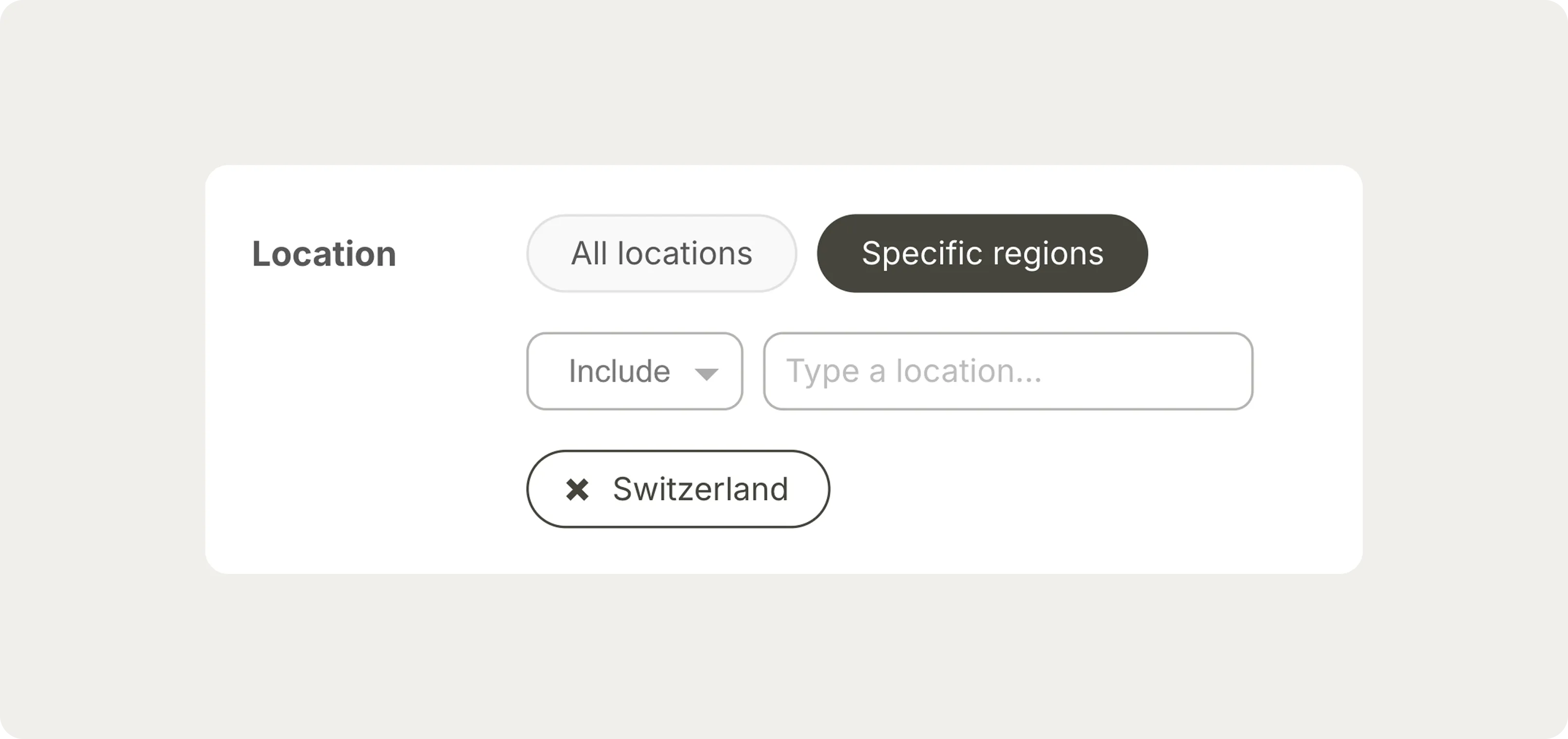 Location filter interface with options for "All locations" or "Specific regions," showing "Switzerland" as a selected region.