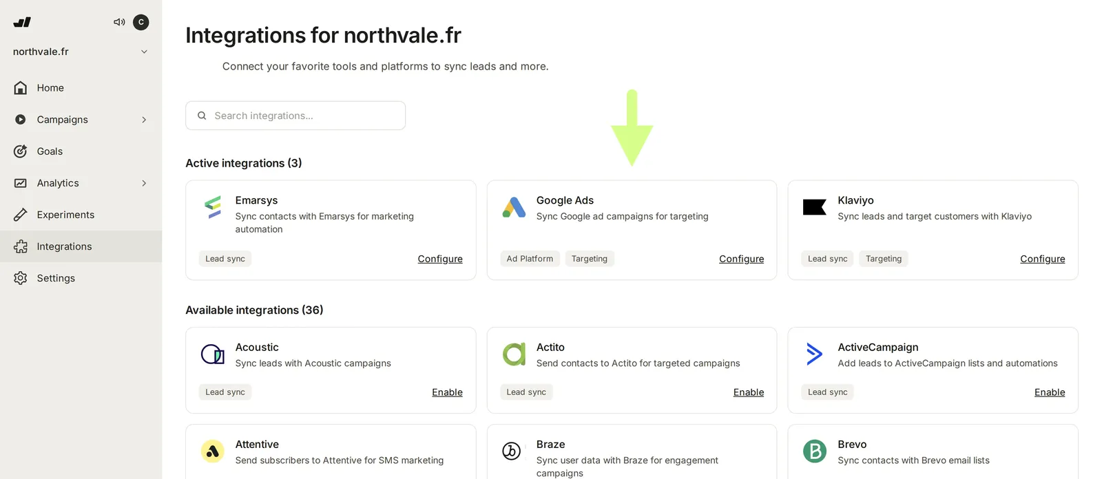The integrations screen with Google Ads and an ESP connected