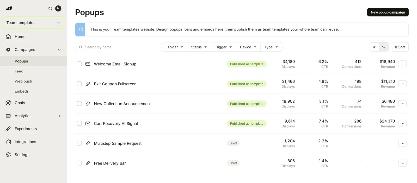 The Team templates website, with designs published as templates