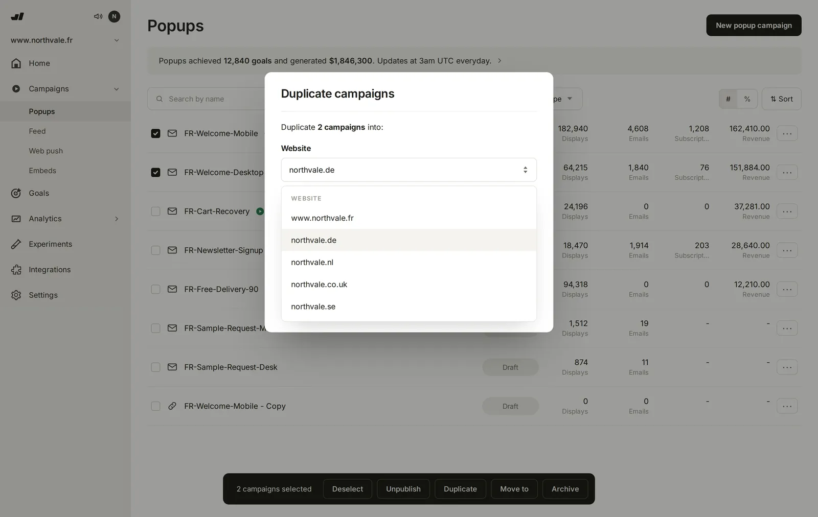 The Duplicate campaigns dialog with a destination website selected